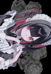 1girl absurdres apron black_background black_dress black_hair black_ribbon closed_mouth colored_inner_hair dress ear_piercing flower frilled_apron frills grey_flower grey_rose hair_ribbon heart heart_hands highres looking_at_viewer maid maid_headdress mole mole_under_eye multicolored_hair original piercing red_eyes red_hair ribbon rose short_hair sideways solo squallea two_side_up upper_body white_apron white_wrist_cuffs wrist_cuffs