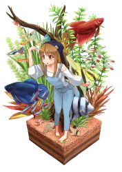 1girl :o angelfish arm_at_side barefoot beanie blush brown_eyes brown_hair capri_pants catfish collarbone faux_figurine female_focus fish full_body hat highres leaning_forward long_hair long_sleeves looking_afar mini_person minigirl off-shoulder_shirt off_shoulder original overalls pants plant shading_eyes shirt shrimp siamese_fighting_fish sidelocks simple_background solo standing tropical_fish umino_hotate white_background white_shirt