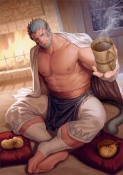 1boy abs animal_ears bara barefoot beard bird blue_hair commission cup duck facial_hair fire_emblem fire_emblem:_path_of_radiance fire_emblem:_radiant_dawn fireplace highres holding holding_cup indoors large_pectorals looking_at_viewer male_focus mordecai_(fire_emblem) muscular muscular_male nintendo nipples pectorals saolin_(wudangx) short_hair sitting solo squirrel tail variant_set