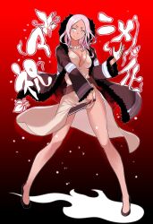 1girl aqua_eyes bead_necklace beads belt breasts brown_belt cleavage closed_mouth collarbone dark-skinned_female dark_skin dress en&#039;en_no_shouboutai flower-shaped_pupils full_body grey_dress hibana_(enen_no_shoubotai) highres holding jewelry large_breasts long_hair necklace pink_hair side_slit smile solo symbol-shaped_pupils tan yasuda_suzuhito