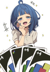 1girl :d absurdres ahoge blue_eyes blue_hair blush_stickers breasts card cowlick highres holding holding_card imminent_uno_loss_(meme) laughing looking_at_viewer make_heroine_ga_oo_sugiru! medium_breasts medium_hair meme naisu_(nai_su01) open_mouth shirt short_sleeves simple_background smile star_(symbol) teeth uno_(game) upper_body upper_teeth_only white_background white_shirt yanami_anna