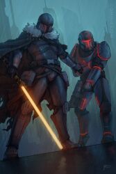 2boys armor black_cape cape carl_tabora energy_sword fur-trimmed_cape fur_trim gun highres holding holding_gun holding_sword holding_weapon lightsaber mandalorian mandalorian_armor mandalorian_helmet multiple_boys outdoors rain star_wars sword weapon yellow_lightsaber