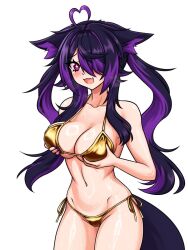 1girl :3 :d ahoge animal_ear_fluff animal_ears bare_shoulders bikini black_hair black_tail blush breasts cameltoe cat_ears cat_girl cat_tail cleavage collarbone colored_tips commentary cowboy_shot cross-shaped_pupils ears_down embarrassed english_commentary eyebrows_hidden_by_hair fang furrowed_brow gold_bikini grabbing_own_breast groin hair_flaps hair_intakes hair_over_one_eye hair_over_shoulder hands_up heart heart_ahoge highres large_breasts leaning_forward legs_together long_eyelashes long_hair long_sidelocks looking_at_viewer messy_hair multicolored_hair narrow_waist navel open_mouth original parted_bangs parted_hair purple_eyes purple_hair purple_streaks raised_inner_eyebrows shiny_skin side-tie_bikini_bottom sidelocks simple_background skin_fang smile solo sparkling_eyes squeezing stomach streaked_hair string_bikini striped_blush swimsuit symbol-shaped_pupils tail thick_eyelashes thick_thighs thighs tsurime twintails two-tone_hair underboob very_long_hair vixenofthestars wavy_hair white_background wide_hips
