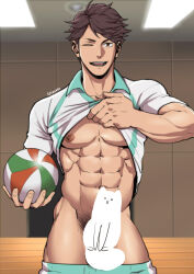 Rule 34 | 1boy, abs, absurdres, aqua shirt, aqua shorts, artist name, ball, bara, brown eyes, brown hair, censored, clothes lift, clothes pull, collared shirt, haikyuu!!, highres, holding, holding ball, indoors, looking at viewer, male focus, male pubic hair, muscular, muscular male, navel, nipples, novelty censor, oikawa tooru (haikyuu!!), one eye closed, open mouth, pants, pants pull, pectorals, pubic hair, shirt, shirt lift, short hair, shorts, smile, solo, sparse navel hair, sportswear, suyohara, teeth, two-tone shirt, two-tone shorts, variant set, volleyball (object), volleyball uniform, white shirt