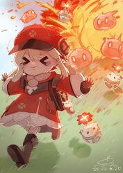 &gt;_&lt; 1girl backpack bag blonde_hair boots brown_footwear brown_gloves newsboy_cap child closed_eyes closed_mouth clover_print dodoco_(genshin_impact) dress explosion genshin_impact gloves hair_between_eyes hat highres jumpy_dumpty klee_(genshin_impact) kurorin5 long_sleeves low_twintails motion_blur on_grass outdoors outstretched_arms randoseru red_dress red_headwear running shadow signature slime_(genshin_impact) spread_arms tearing_up twintails