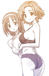 2girls :o ass bra breasts closed_mouth commentary earrings futari_wa_precure_splash_star hair_ornament hairband hairclip highres hyuuga_saki jewelry kazuma_muramasa kibou_no_chikara_otona_precure_&#039;23 lace lace-trimmed_bra lace-trimmed_panties lace_trim leaning_to_the_side long_hair mature_female medium_breasts mishou_mai monochrome multiple_girls open_mouth panties peeking_out precure short_hair smile stud_earrings underwear underwear_only x_hair_ornament