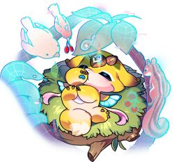 1other animal bird blue_wings chibikemo chipmunk closed_eyes dragon dragon_village_(series) dragon_village_collection furry game_cg hologram laby_(dragon_village) laby_(restricted)_(dragon_village) lowres lying nest official_art on_back snake squirrel third-party_source thumb_sucking transparent_background wings