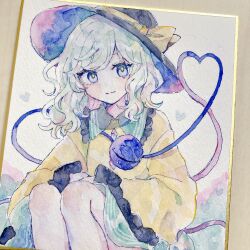 1girl black_hat blouse blue_eyes bow buttons diamond_button eyeball floral_print frilled_shirt_collar frilled_sleeves frills green_hair green_skirt hat hat_bow hat_ribbon heart heart_of_string highres koishi_day komeiji_koishi long_sleeves looking_at_viewer mozukuzu_(manukedori) painting_(medium) ribbon rose_print shikishi shirt sitting skirt smile solo subterranean_animism third_eye touhou traditional_media watercolor_(medium) wide_sleeves yellow_bow yellow_ribbon yellow_shirt