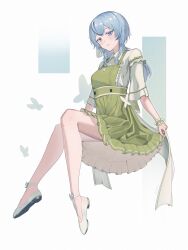 Rule 34 | 1girl, alternate costume, blue hair, blush, breasts, collared shirt, colored eyelashes, commentary request, dress, green dress, highres, inficer, invisible chair, long hair, looking at viewer, medium breasts, paid reward available, parted lips, purple eyes, shirt, shoes, shorekeeper (wuthering waves), sitting, smile, solo, variant set, white shirt, white shoes, wrist cuffs, wuthering waves