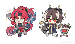2boys ? absurdres arknights bead_bracelet beads black_coat black_shirt blue_eyes bracelet brothers brown_hair chibi chinese_clothes chinese_commentary chongyue_(arknights) coat colored_skin commentary_request dragon_boy dragon_bubble_(arknights) dragon_horns dragon_tail highres holding holding_ladle holding_paper holding_with_tail horns jewelry ladle long_hair looking_down male_focus multiple_boys open_mouth paper pointy_ears prehensile_tail red_eyes red_hair red_skin shirt shopping_cart siblings simple_background sleeveless sleeveless_shirt smile tail tuoshui_fan_fanqie watermark weibo_watermark white_background yu_(arknights)