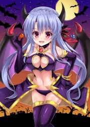 1girl :d alternate_costume animal_print bare_shoulders bat_(animal) black_bow black_choker black_panties blue_hair blush bow braid breasts butterfly_print choker cleavage cleavage_cutout clothing_cutout collarbone commentary_request crown_braid demon_girl demon_horns demon_wings elbow_gloves eyes_visible_through_hair feet_out_of_frame floating_hair full_moon gloves hair_between_eyes hair_bow hair_ribbon halloween halloween_costume hand_on_own_hip hand_up highres holding horns long_hair looking_at_viewer marble_(toy) medium_breasts minatoto moon navel night open_mouth outdoors panties purple_gloves purple_thighhighs red_eyes red_ribbon ribbon sidelocks smile solo sorakado_ao standing stomach summer_pockets thighhighs underwear very_long_hair wings