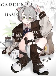 Rule 34 | 1boy, absurdres, animal ears, bag, black footwear, blue vest, brown leg warmers, english text, full body, green eyes, grey hair, grin, hair between eyes, hamster ears, hamster on head, hanami haru, highres, jacket, leg warmers, male focus, mismatched pupils, necktie, open clothes, open jacket, original, plaid clothes, plaid necktie, seed, shirt, shoelaces, shoes, smile, sneakers, sunflower seed, teeth, twitter username, vest, watering can, white shirt, zoom layer