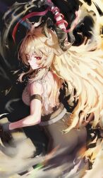 1girl absurdres arm_strap ass bare_shoulders black_gloves black_horns black_pants blonde_hair breasts closed_mouth commentary cowboy_shot curled_horns from_behind gloves highres horns large_breasts long_hair looking_at_viewer looking_back median_furrow necktie necktie_around_wrists pants red_eyes red_necktie riruru_(dlarp0309) shirt shoulder_blades solo tacet_mark_(wuthering_waves) tail torn_clothes torn_shirt very_long_hair white_shirt wuthering_waves zani_(wuthering_waves)