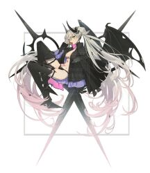 1girl black_boots black_hands black_panties boots breasts candy cleavage colored_extremities commentary demon_girl demon_horns demon_wings fate/grand_order fate_(series) food from_side gradient_hair green_eyes grey_hair holding holding_candy holding_food holding_lollipop horns kabutomushi_s lilith_(fate) lilith_(second_ascension)_(fate) lollipop long_hair looking_at_viewer medium_breasts multicolored_hair panties pink_hair pointy_ears pubic_tattoo scissors solo stomach_tattoo symbol-only_commentary tattoo thigh_boots twintails underwear very_long_hair watermark wings