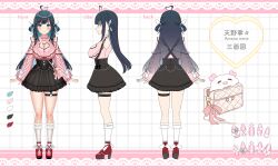1girl absurdres ahoge amano_nene_(vtuber) amano_nene_(vtuber)_(jirai_kei) aqua_eyes bag black_skirt blush bow breasts reference_sheet cleavage_cutout closed_mouth clothing_cutout commentary_request footwear_bow frilled_shirt frilled_skirt frills from_behind from_side full_body grey_hair hair_rings heart heart_ahoge heart_cutout heart_o-ring high-waist_skirt highres indie_virtual_youtuber jirai_kei kneehighs large_breasts mole mole_under_eye o-ring o-ring_thigh_strap official_art pink_shirt red_bow red_footwear shirt shoulder_bag shoulder_cutout skirt smile socks standing thigh_strap thighs virtual_youtuber white_socks yayoi_maka