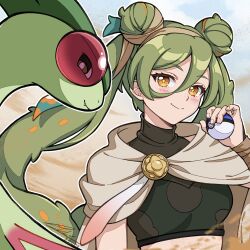 1girl blue_sky breasts cloak closed_mouth cloud colored_skin commentary_request crop_top double_bun eyelashes fang flygon gen_3_pokemon great_ball green_hair green_skin ground_miku_(project_voltage) hair_between_eyes hair_bun hatsune_miku highres holding holding_poke_ball long_hair medium_breasts nintendo orange_eyes poke_ball pokemon pokemon_(creature) project_voltage sky smile twintails upper_body vocaloid white_cloak zibysart