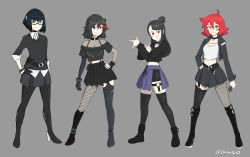 4girls absurdres alternate_costume asymmetrical_gloves asymmetrical_legwear boots chariot_du_nord crossover diooksan fashion garter_straps glasses gloves goth_fashion hand_on_own_hip high_heel_boots high_heels highres kagari_atsuko kill_la_kill kiryuuin_satsuki little_witch_academia matoi_ryuuko mismatched_gloves multiple_girls oksandio pantyhose red_hair skirt thighhighs uneven_legwear ursula_callistis