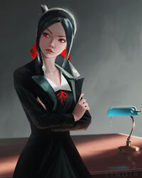 1girl against_desk artist_name black_dress black_hair bow bowtie breasts collarbone commentary cowboy_shot crossed_arms desk desk_lamp dress english_commentary facing_viewer folded_ponytail hair_bow highres jewelry kaguya-sama_wa_kokurasetai_~tensai-tachi_no_renai_zunousen~ lamp linoir lips lipstick long_hair long_sleeves looking_to_the_side makeup parted_lips realistic red_bow red_eyes ribbon school_uniform shinomiya_kaguya short_hair shuuchiin_academy_school_uniform sidelocks signature solo