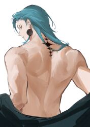 Rule 34 | 13profen, 1boy, absurdres, back, back muscles, closed mouth, commentary, earrings, english commentary, hair down, highres, jewelry, jiyan (wuthering waves), long hair, looking back, male focus, simple background, solo, tacet mark (wuthering waves), tassel, tassel earrings, topless male, white background, wuthering waves, yellow eyes