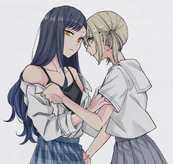 Rule 34 | 2girls, azusawa kohane, black camisole, black hair, blonde hair, blue skirt, camisole, closed mouth, commentary, grey background, grey skirt, highres, long hair, looking at viewer, multiple girls, mygod55555, orange eyes, partially undressed, plaid clothes, plaid skirt, pleated skirt, project sekai, sailor collar, shiraishi an, shirt, simple background, skirt, symbol-only commentary, twintails, white sailor collar, white shirt, yellow eyes, yuri