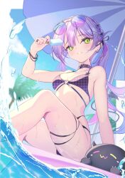 Rule 34 | 1girl, absurdres, anichika, aviator sunglasses, barbell piercing, beach umbrella, bibi (tokoyami towa), bikini, black bow, black collar, blurry, blurry background, bow, braid, breasts, center-flap bangs, chain, chain earrings, cleavage, collar, colored inner hair, commentary request, day, demon girl, demon tail, double-parted bangs, ear piercing, eyewear on head, food, gradient-tinted eyewear, gradient hair, green eyes, hair between eyes, hair bow, hair ornament, hand up, heart, heart hair ornament, heart o-ring, highleg, highleg bikini, highres, holding, holding food, holding popsicle, hololive, houndstooth, industrial piercing, knee up, long hair, looking at viewer, multi-strapped bikini bottom, multi-strapped bikini top, multicolored hair, o-ring, o-ring top, outdoors, partially underwater shot, piercing, pink hair, pointy ears, pool, popsicle, print bikini, purple-tinted eyewear, purple hair, side braids, sitting, small breasts, solo, sunglasses, swimsuit, tail, teeth, thigh strap, tinted eyewear, tokoyami towa, twintails, umbrella, virtual youtuber