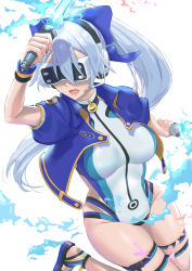 1girl absurdres blue_jacket blue_one-piece_swimsuit commentary_request competition_swimsuit cropped_jacket dual_wielding energy_sword fate/grand_order fate_(series) goggles hair_between_eyes head-mounted_display headphones headset highres holding holding_sword holding_weapon jacket long_hair microphone one-piece_swimsuit open_clothes open_jacket open_mouth sandals short_sleeves silver_hair solo swimsuit sword thigh_strap tinted_eyewear tomoe_gozen_(fate) tomoe_gozen_(swimsuit_saber)_(fate) tomoe_gozen_(swimsuit_saber)_(first_ascension)_(fate) two-tone_swimsuit umirororo very_long_hair visor vr_visor weapon white_background white_one-piece_swimsuit