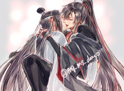 2boys ahoge bishounen black_hair black_hanfu black_robe blush chinese_clothes eyelashes french_kiss hair_ribbon hanfu headband high_ponytail highres hug kiss lan_wangji long_hair long_sleeves male_focus mg_ms_dayo modao_zushi multiple_boys off_shoulder open_mouth ponytail red_ribbon ribbon robe sidelocks sleeves_past_wrists spread_legs topknot twitter_username very_long_hair wei_wuxian white_hanfu white_headband white_robe wide_sleeves xiao_guan_(headdress) yaoi
