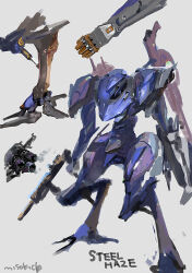 Rule 34 | armored core, armored core vi: fires of rubicon, artist name, character name, full body, green eyes, grey background, gun, highres, holding, holding gun, holding weapon, mecha, mecha focus, miso katsu, no humans, reverse-jointed legs, robot, science fiction, standing, steel haze, weapon, weapon on back