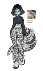 1girl :&gt; artist_name black_hair blue_eyes body_markings colored_skin cropped_jacket full_body gecko gradient_hair grey_hair grey_skin highres lizard_tail long_sleeves looking_to_the_side midriff monster_girl multicolored_hair original personification reptile_girl sketch slit_pupils solo sparrowl standing tail walking white_background white_footwear
