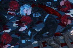 Rule 34 | 6+boys, aotsuki eito, armband, belt, belt pouch, black hair, black jacket, black pants, black shoes, blood, blood on face, blood on ground, blood on hands, blue eyes, clone, closed mouth, commentary, english commentary, face down, glasses, grin, hand on own chest, highres, jacket, kilo782524, last defense academy school uniform, lying, male focus, multicolored hair, multiple boys, on back, on stomach, pants, pouch, red hair, school uniform, semi-rimless eyewear, shoes, short hair, smile, streaked hair, sumino takumi, the hundred line -last defense academy-, two-tone hair, white armband, white belt, white hair