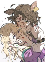 2girls animal_ears blonde_hair blonney blood brown_hair covering_another&#039;s_mouth deer_ears earrings flower green_shirt hand_over_another&#039;s_mouth highres jessica_(reverse:1999) jewelry long_hair multiple_girls one_eye_closed red_nails reverse:1999 shirt smile white_background white_shirt yang_miemie_benti