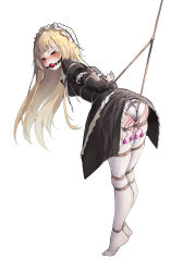 &gt;_&lt; 1girl absurdres arms_behind_head ass azuki_(51847767) ball_gag bdsm blonde_hair blue_eyes blunt_bangs blush bondage bound bound_ankles bound_arms bound_legs bound_thighs bound_torso bound_wrists breasts closed_eyes clothes_lift cross crotch_rope crying_with_eyes_closed dress dress_lift embarrassed female_focus frilled_dress frilled_shirt_collar frilled_skirt frills gag gagged gothic_lolita hair_ornament highres kinbaku lolita_fashion long_hair long_sleeves looking_at_another looking_back maid_headdress medium_breasts original panties puffy_sleeves pussy_juice pussy_juice_drip pussy_juice_stain rope sex_toy shibari shibari_over_clothes simple_background skindentation skirt solo tearing_up tears thighhighs thighs tiptoes too_many too_many_sex_toys underwear vibrator vibrator_cord vibrator_in_thighhighs vibrator_under_clothes vibrator_under_panties wet wet_clothes wet_panties white_background white_panties white_thighhighs wince