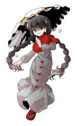 Rule 34 | 1girl, ajirogasa, alphes (style), black hair, black sandals, braid, buttons, capelet, clothes writing, commentary request, dairi, dress, frilled capelet, frilled hat, frills, full body, grey dress, hair tie, hat, large variant set, long hair, long sleeves, parody, puffy long sleeves, puffy sleeves, red capelet, red socks, sandals, shaded face, snow, socks, solo, style parody, tabi, tachi-e, touhou, transparent background, tsurime, twin braids, variant set, yatadera narumi