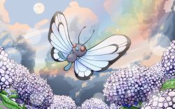 butterfree commentary_request creatures_(company) day fangs flower full_body game_freak gen_1_pokemon hydrangea moon nintendo no_humans orearia outdoors pokemon pokemon_(creature) pokemon_focus red_eyes sky solo water_drop