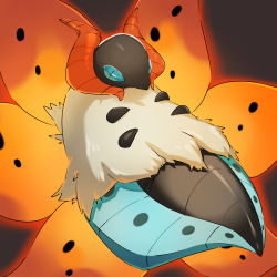 bad_id bad_pixiv_id blue_eyes bug commentary_request creatures_(company) game_freak gen_5_pokemon glowing highres horns insect mian_(3zandora) moth nintendo no_humans pokemon pokemon_(creature) solo spots volcarona white_fur