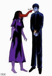 Rule 34 | 1boy, 1girl, abyssofchaos48, amy martin, barefoot, blue skin, body horror, cheek poking, closed mouth, colored skin, commentary, cross, crucifix, dress, english commentary, faceless, faceless female, faith (game), full body, highres, john ward, layered sleeves, long hair, long sleeves, looking to the side, multiple monochrome, nervous sweating, poking, priest, purple dress, purple skin, red skin, scoop neck, short sleeves, sideburns, sideways glance, simple background, sound effects, standing, sweat, white background