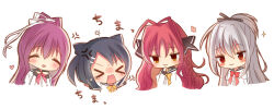 &gt;_&lt; 4girls :3 ^_^ aged_down alice_in_0x0 angry animal_ears black_hair black_ribbon black_sailor_collar blush blush_stickers bow brown_eyes cat_ears chibi chibi_only closed_eyes closed_mouth commentary dracu-riot! elena_olegovna_owen eyes_visible_through_hair facing_another grey_hair hair_between_eyes hair_ornament hair_ribbon hairclip hand_up hands_up heart height_difference highres inamura_rio jitome juliet_sleeves long_hair long_sleeves looking_at_another mera_azusa multiple_girls open_mouth ponytail puffy_sleeves purple_hair raised_eyebrows rectangular_mouth red_bow red_eyes red_hair ribbon sailor_collar school_uniform shirt short_ponytail simple_background smile smug sound_effects sparkle symbol-only_commentary tears upper_body v-shaped_eyebrows very_long_hair white_background white_shirt yarai_miu yellow_bow