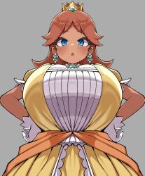 Rule 34 | 1girl, blue eyes, breasts, brown hair, crown, dress, earrings, gloves, highres, huge breasts, jewelry, looking at viewer, mario (series), necklace, nintendo, princess daisy