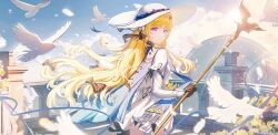 1girl absurdres bird black_gloves blonde_hair blue_sash blue_sky chinese_commentary closed_mouth commentary_request cowboy_shot day feathers gloves hair_ornament hat highres holding holding_staff long_hair looking_at_viewer luo_(tfpx7458) outdoors phoebe_(wuthering_waves) purple_eyes sash shirt skirt sky smile solo staff white_bird white_feathers white_hat white_shirt white_skirt wind wuthering_waves x_hair_ornament