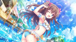 1girl ;d ahoge arm_cuffs arm_up armpits ass beach_house bikini blue_bikini blue_eyes blue_sky breasts brown_hair cloud day dutch_angle fang film_grain from_side game_cg izumi_tsubasu lens_flare lifebuoy long_hair looking_at_viewer medium_breasts multicolored_bikini non-circular_lens_flare non-web_source ocean official_art one_eye_closed open_mouth outdoors palm_tree pier re:stage! shikimiya_aone sky smile solo sparkle swim_ring swimsuit tree two-tone_bikini two_side_up wading water_drop white_bikini