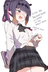 Rule 34 | 1girl, :d, @ @, blush, book, chuunibyou, clothes lift, english text, eyepatch, fang, from below, highres, holding, holding book, hololive, hololive english, lifting own clothes, medical eyepatch, navel, ninomae ina&#039;nis, ninomae ina&#039;nis (school uniform), open mouth, orobou, plaid clothes, plaid skirt, purple eyes, purple hair, shirt, shirt lift, side ponytail, skin fang, skirt, smile, solo, virtual youtuber, white shirt