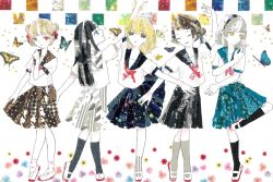 Rule 34 | 5girls, 922pochan, abstract, ankle socks, arm up, ballet, ballet slippers, black hair, black hairband, black sailor collar, black skirt, black socks, blonde hair, blue eyes, blue sailor collar, blue skirt, blunt bangs, brown eyes, brown hair, brown skirt, bug, butterfly, closed eyes, commentary request, diagonal bangs, double bun, en pointe, expressionless, grey hair, grey sailor collar, grey skirt, grey socks, hair bun, hair ribbon, hairband, hand up, highres, insect, knee up, kneehighs, leg up, light frown, long hair, long sidelocks, looking at viewer, looking to the side, looking up, masking tape (medium), medium hair, medium skirt, mixed media, multicolored hair, multiple girls, neckerchief, original, parted lips, polka dot socks, profile, puffy short sleeves, puffy sleeves, red eyes, red neckerchief, red ribbon, ribbon, sailor collar, school uniform, serafuku, shirt, shoes, short hair, short sleeves, sidelocks, skirt, skirt hold, smile, socks, standing, standing on one leg, streaked hair, swept bangs, traditional media, unconventional media, uwabaki, white background, white shirt, white shoes, white socks, yellow eyes