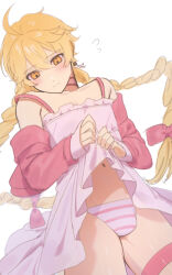 Rule 34 | 1boy, aether (genshin impact), ahoge, bare shoulders, blonde hair, braid, bulge, commentary request, crossdressing, crossdressing (mtf), detached sleeves, dress, earrings, frilled dress, frills, genshin impact, highres, jewelry, panties, sg (under siiiiii), single earring, solo, striped clothes, striped panties, trap, underwear, yellow eyes