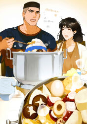 1boy :d absurdres akagi_haruko akagi_takenori black_eyes black_hair blue_mittens blue_shirt bowl brother_and_sister brown_shirt buzz_cut cardigan chinese_text chopsticks closed_eyes dark-skinned_male dark_skin eating egg flu70579711 food food_on_face happy height_difference highres holding holding_bowl holding_chopsticks looking_at_another medium_hair mittens mushroom open_mouth rice_bowl shirt short_hair siblings slam_dunk_(series) smile soup steam sweatdrop table translated undercut upper_body very_short_hair yellow_cardigan