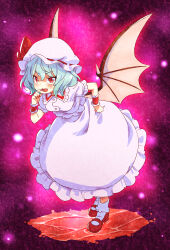 1girl bat_wings blue_hair breasts dress fang hand_on_own_hip hat leaning_forward looking_at_viewer mob_cap open_mouth red_background red_eyes red_shoes remilia_scarlet shoes skin_fang small_breasts socks solo tanasuke touhou white_dress white_socks wings wrist_cuffs