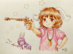 Rule 34 | 2girls, :3, animal ears, brown hair, carrot necklace, dress, finger gun, firing, floppy ears, highres, inaba tewi, jewelry, jitome, long hair, multiple girls, necklace, necktie, open mouth, pink dress, purple hair, q-bee (aaru), rabbit ears, raised eyebrow, red eyes, red necktie, reisen udongein inaba, rubber band, rubber band gun, shirt, smug, star (symbol), surprised, touhou, traditional media, white background, white shirt