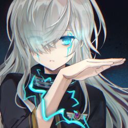 black_jacket blue_eyes eyes_visible_through_hair glowing glowing_eyes grey_hair hair_over_one_eye hand_up highres jacket leafwow long_hair long_sleeves lotus_(maplestory) maplestory upper_body