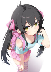 1girl :o armpit_crease backpack bag bag_charm bare_shoulders black_hair blue_shirt breasts charm_(object) clothes_writing clothing_cutout collarbone commentary_request crop_top hair_between_eyes hair_ribbon hand_in_own_hair hand_on_own_knee heisei_retro highres hosizora_mikoto idolmaster idolmaster_cinderella_girls jojifuku long_hair looking_at_viewer matoba_risa open_mouth pink_bag pink_ribbon pink_skirt pink_thighhighs print_skirt randoseru ribbon shirt short_sleeves shoulder_cutout skirt small_breasts solo star_(symbol) star_print striped_clothes striped_thighhighs thighhighs twintails two-tone_thighhighs very_long_hair white_background white_thighhighs yellow_eyes