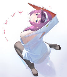 Rule 34 | 1girl, absurdres, arknights, ass, bare shoulders, black pantyhose, blue eyes, chinese commentary, ciexbiet, closed mouth, commentary request, dress, from above, full body, head back, highres, looking at viewer, medium hair, mouth hold, multicolored eyes, off shoulder, pantyhose, pink hair, purestream (arknights), purple eyes, see-through clothes, sitting, soles, solo, two-tone eyes, wariza, white background, white dress