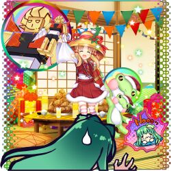 ! !! 2girls :d alternate_costume blonde_hair blush bowl box brown_hat chabudai_(table) chibi chibi_inset chopsticks christmas christmas_present closed_eyes crying cup drinking_glass drinking_straw expressive_clothes facing_viewer food food_request frog_hair_ornament full_body fur-trimmed_skirt fur_trim game_cg gift gift_box green_hair hair_ornament hair_ribbon hat highres hisou_tensoku holding holding_stuffed_toy holly indoors jewelry kochiya_sanae long_hair long_sleeves moriya_suwako moriya_suwako_(i_bet_this_is_what_sanae_wants!) multiple_girls neck_ribbon necklace official_art open_mouth pink_thighhighs pleated_skirt purple_ribbon red_ribbon red_skirt red_thighhighs red_vest ribbon rice_bowl rotte_(1109) shouji sidelocks skirt sliding_doors smile star_(symbol) streaming_tears striped_clothes striped_thighhighs stuffed_animal stuffed_frog stuffed_toy sweatdrop table tears thighhighs third-party_source touhou touhou_lostword transparent_background tress_ribbon vest white_thighhighs wide_sleeves